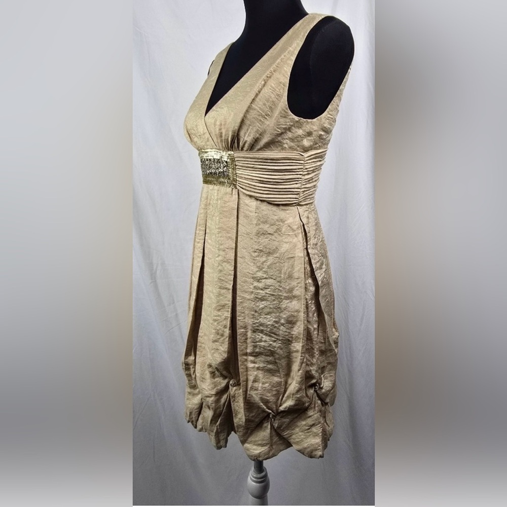 BCBGMaxAzria Metallic Gold Bubble Hem Mini Dress w/ Gold Sequin Women Size 12 - Picture 6 of 11